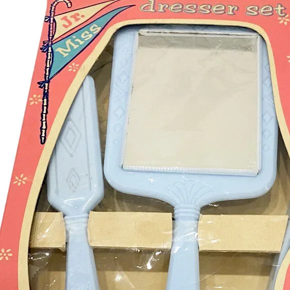 Rare Vintage Jr. Miss Plastic Blue Kid Vanity Set Original Box Brush Comb Mirror - Picture 4 of 6